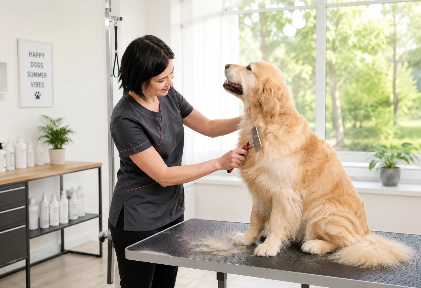 Professional groomer gently brushing a dog in a grooming salon during summer